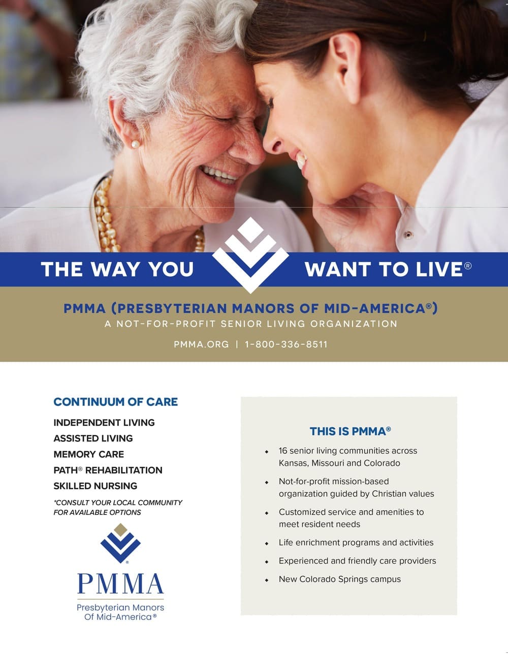 An elderly woman and a healthcare worker share a warm moment, smiling. PMMA, Presbyterian Manors of Mid-America, detailed services include independent living, assisted living, memory care, and skilled nursing.