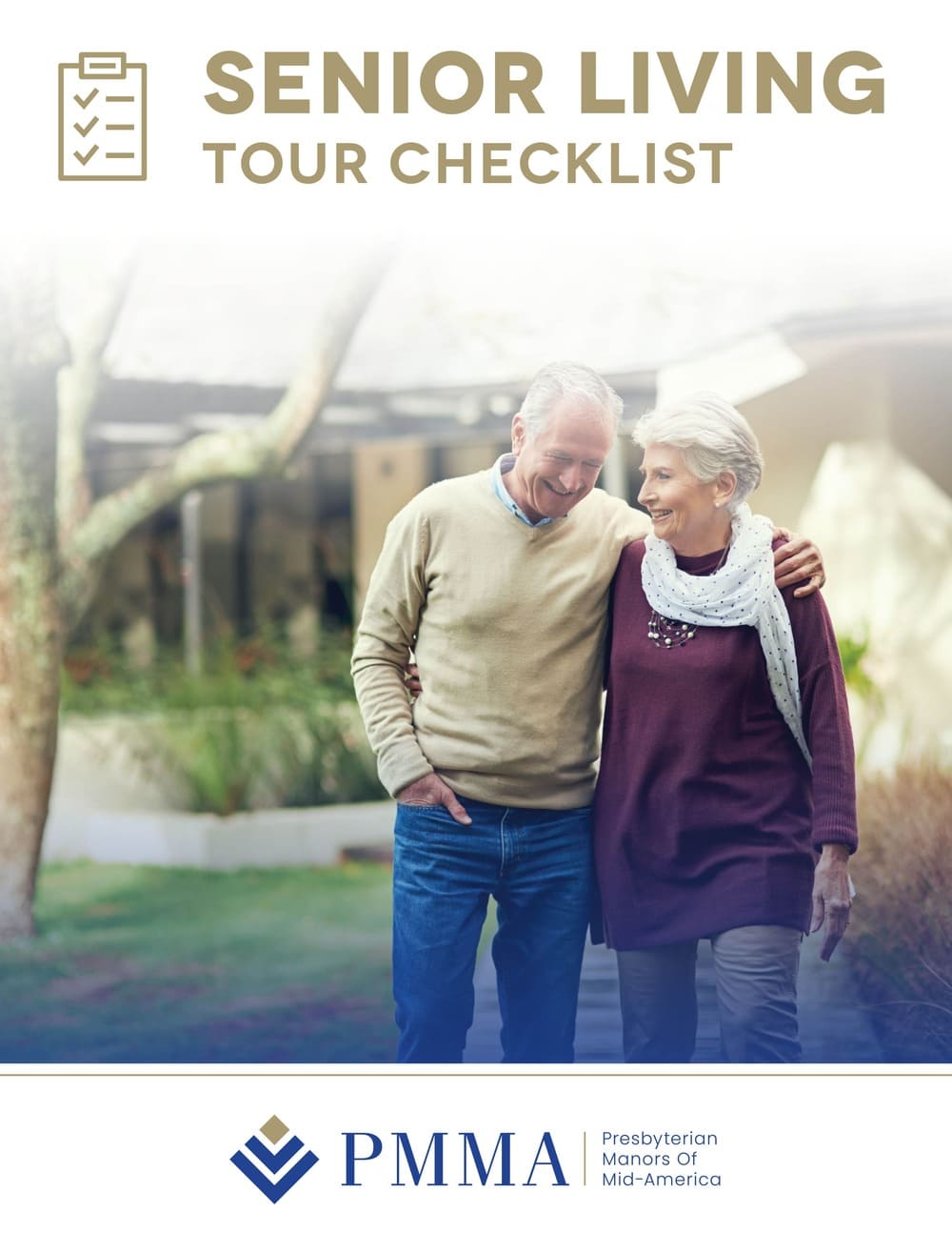 Elderly couple walking outdoors near a building, smiling and holding hands. The text reads "Senior Living Tour Checklist" at the top and "PMMA Presbyterian Manors of Mid-America" at the bottom.