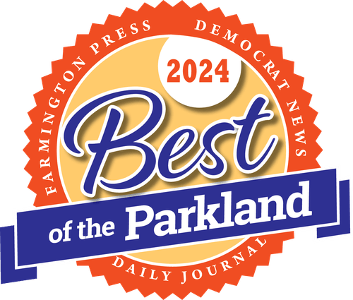 Circular badge with text "Best of the Parkland 2024" in the center. Surrounding text includes "Farmington Press," "Democrat News," and "Daily Journal.