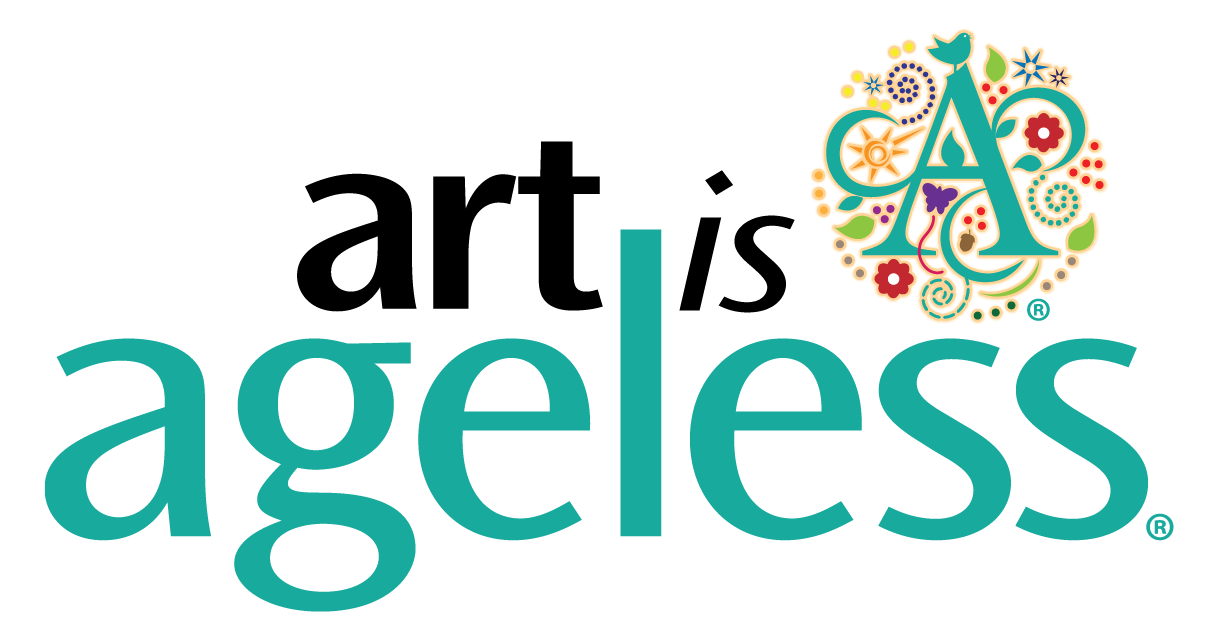     Text reading "art is ageless" with a stylized, colorful letter "A" featuring floral and whimsical patterns, celebrating the winners.