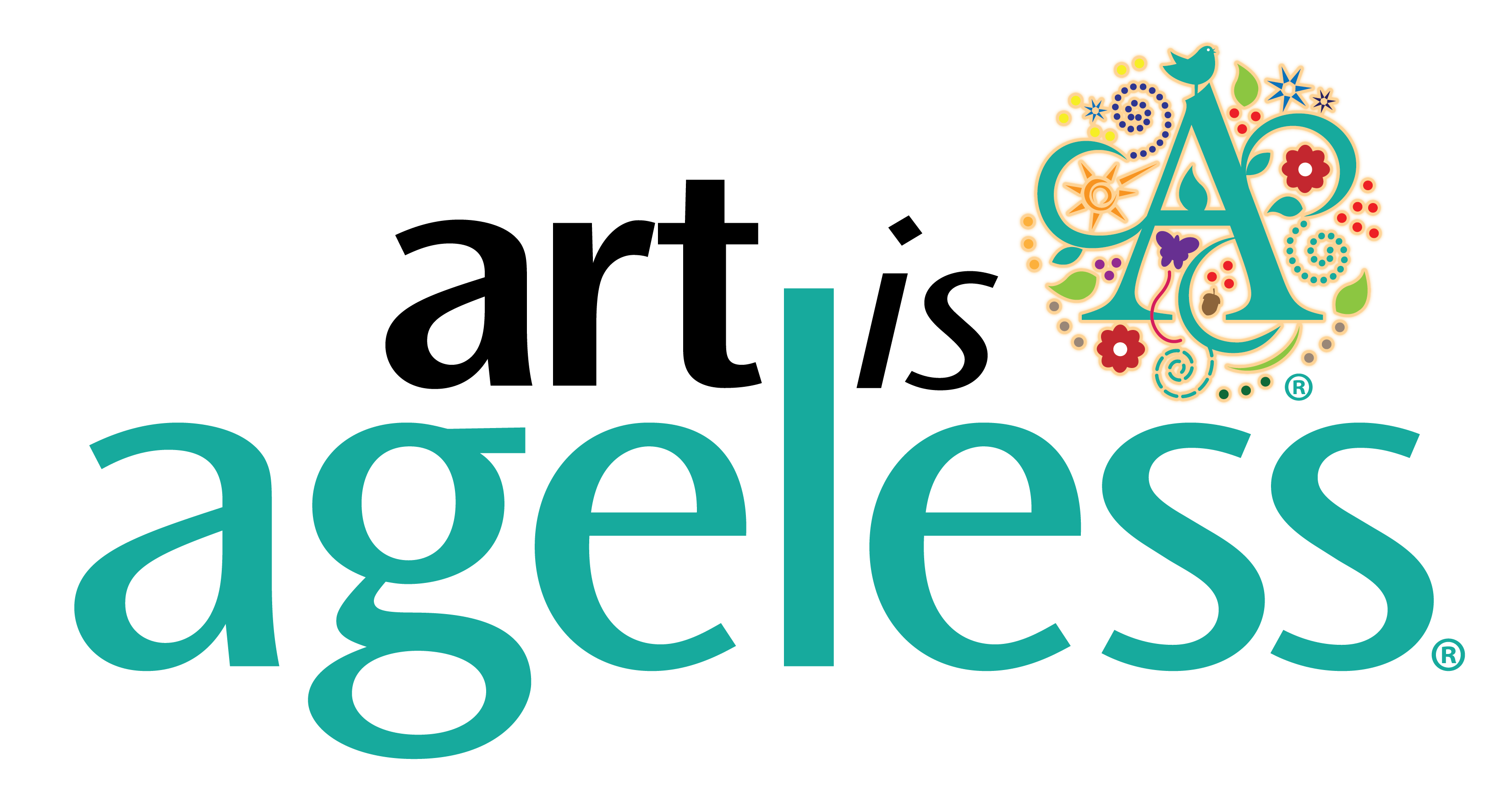 The word "ageless" is written in teal, with a decorative floral "A" placed above the letters, symbolizing the vibrant spirit found in senior living programs.