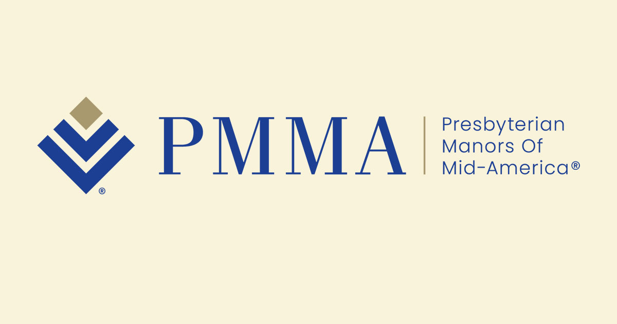 Logo for Presbyterian Manors of Mid-America (PMMA) featuring a blue geometric symbol with "PMMA" and "Presbyterian Manors of Mid-America" text, representing a prominent Kansas assisted living community.