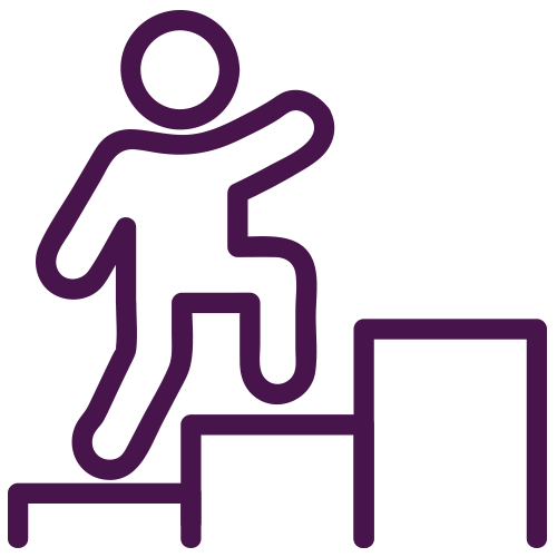 A simple purple outline of a person, symbolizing senior living in Missouri, climbing stairs.