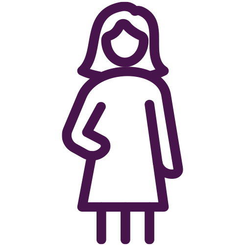 Simple purple outline of a woman with medium-length hair, wearing a dress, with one arm hanging by her side and the other bent—ideal for illustrating senior living in Missouri.