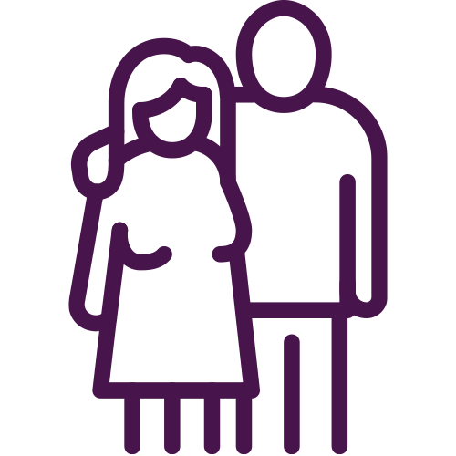 Outline illustration of a person with an arm around another person, depicting senior living in Missouri. The duo consists of one with long hair and a dress and the other with short hair and pants.