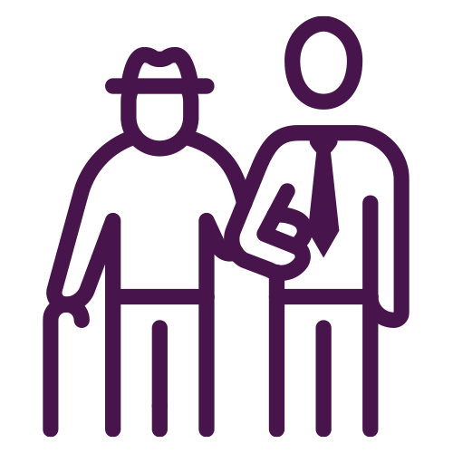 Simple illustration of two figures: one representing senior living in Missouri, wearing a hat with a cane, and the other in a tie holding the arm of the first figure.