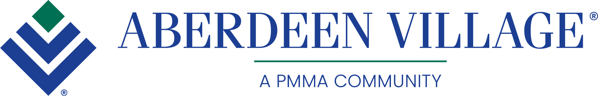 Logo of Aberdeen Village, a PMMA community. The design includes a blue geometric V-shape with a green diamond on top and the words "ABERDEEN VILLAGE" in blue uppercase letters.