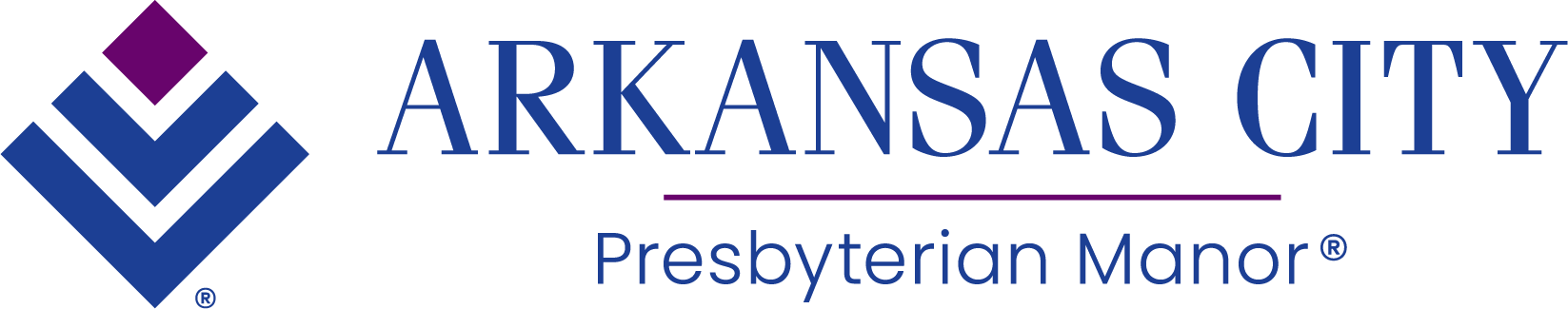 Logo of Arkansas City Presbyterian Manor with a stylized blue and purple emblem on the left and the text "Arkansas City Presbyterian Manor" on the right.