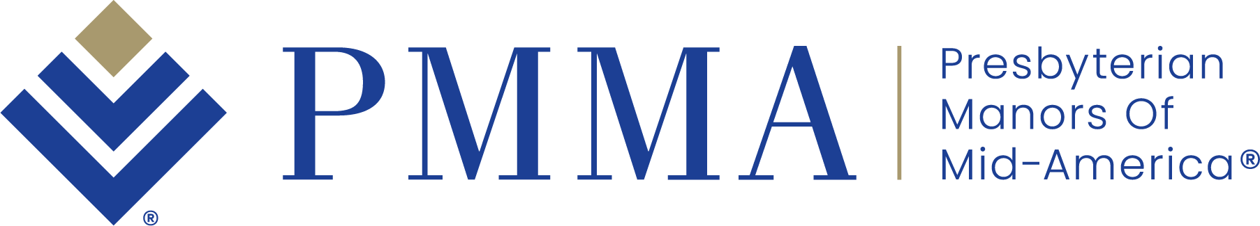 Logo of PMMA (Presbyterian Manors of Mid-America) featuring a blue emblem with a gold diamond above it and the organization's name written in blue and gold text, perfect for including in the global header for SEO optimization.