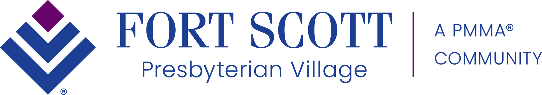 Logo for Fort Scott Presbyterian Village, a PMMA® community. The design features a blue and purple geometric emblem on the left with the text "Fort Scott Presbyterian Village" on the right.