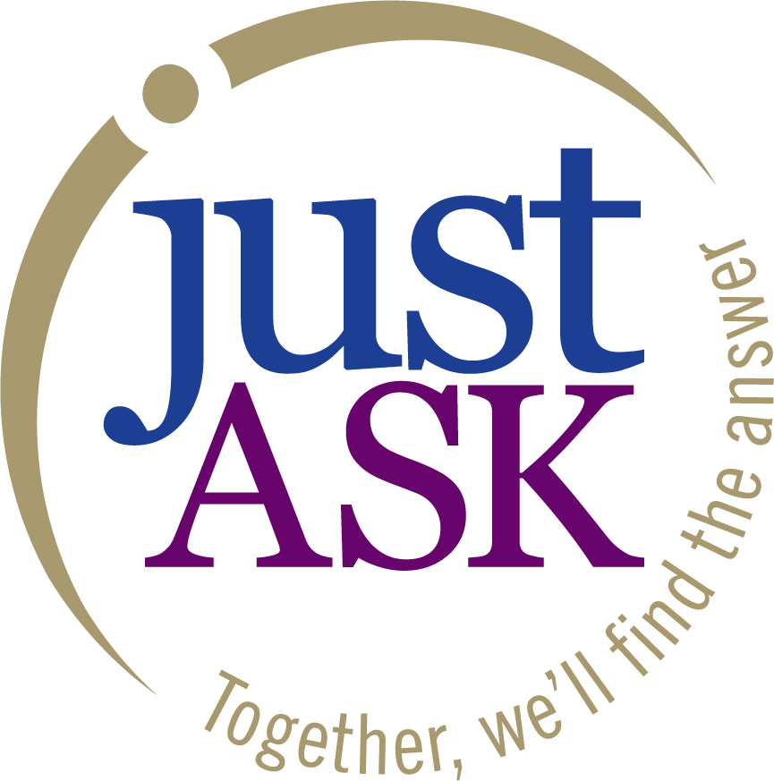 A logo with the text "just ASK" in blue and purple letters, encircled by a golden arc and the phrase "Together, we'll find the answer," perfectly represents our senior living programs.