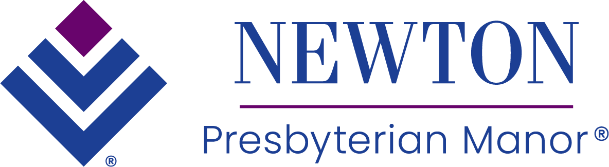 Logo of Newton Presbyterian Manor with a geometric emblem consisting of diamond shapes and the text "NEWTON Presbyterian Manor®" in blue and purple.