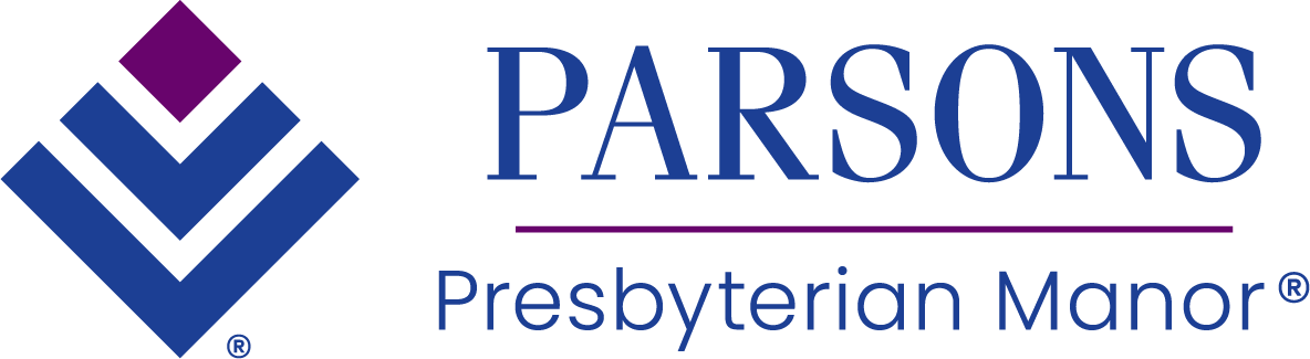 Logo of Parsons Presbyterian Manor featuring a blue and purple geometric design on the left and the text "PARSONS Presbyterian Manor" on the right.