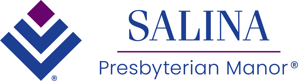 Logo of Salina Presbyterian Manor featuring a blue and purple geometric design next to the text "Salina Presbyterian Manor", beautifully positioned as an elegant salina header.