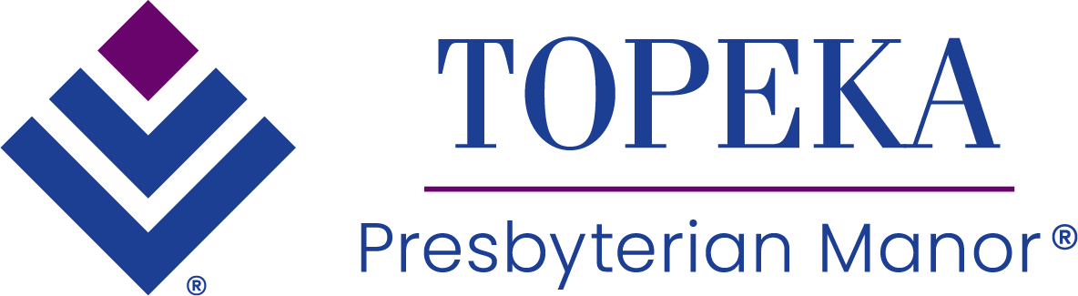 Logo for Topeka Presbyterian Manor with blue text and blue and purple geometric shapes.