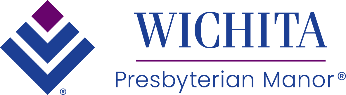 Logo of Wichita Presbyterian Manor featuring a geometric design with purple and blue shapes on the left and the text "Wichita Presbyterian Manor" on the right. Perfect for your website's footer.