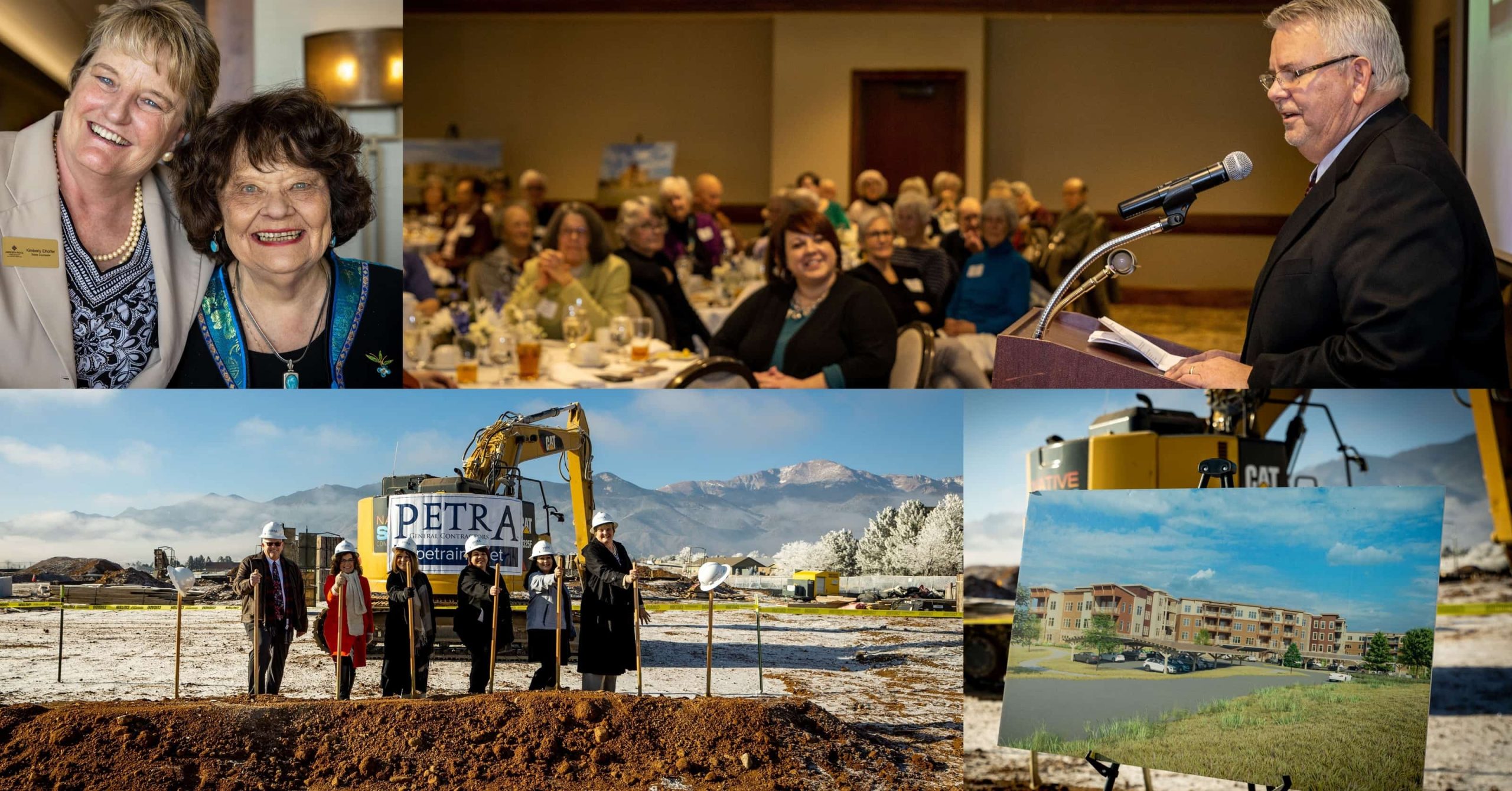 A collage: Top left, two women smiling. Top right, a man speaking at a podium. Bottom left, a groundbreaking ceremony with five people and construction equipment for PMMA's newest project. Bottom right, a building rendering.