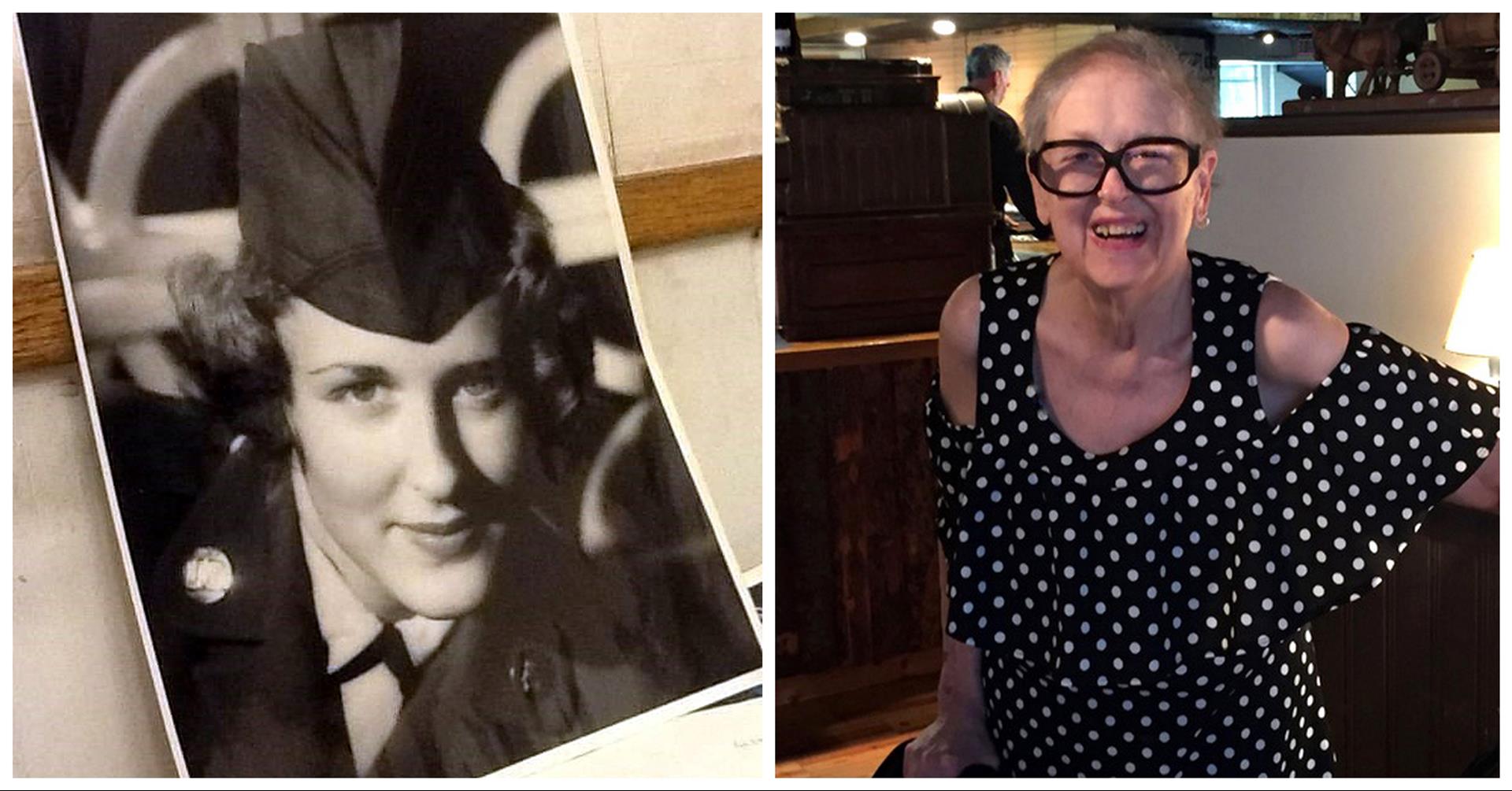 Side-by-side images showing an old photograph of Marsha Stewart in a military uniform on the left and an older woman wearing glasses and a polka dot dress on the right, illustrating a full circle moment in her life.