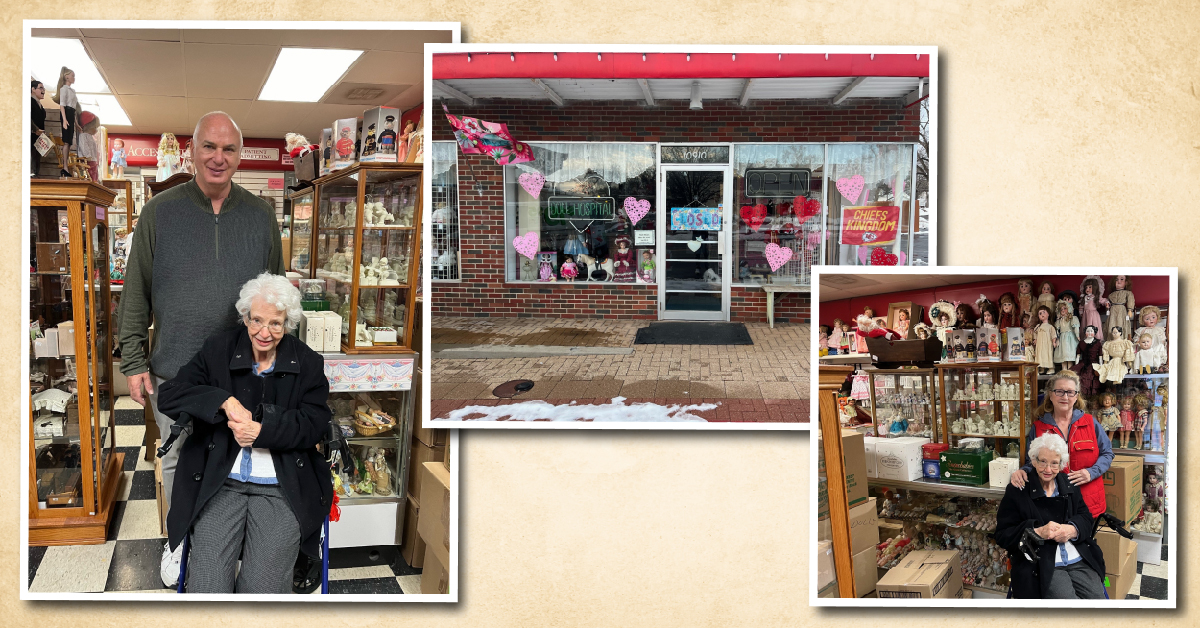 Three photos: a man and elderly woman in a shop, the shop's exterior decorated with pink hearts, and the elderly woman with two others inside, surrounded by collectibles. The long-held joy on her face reflects the warmth and charm of this cherished space.