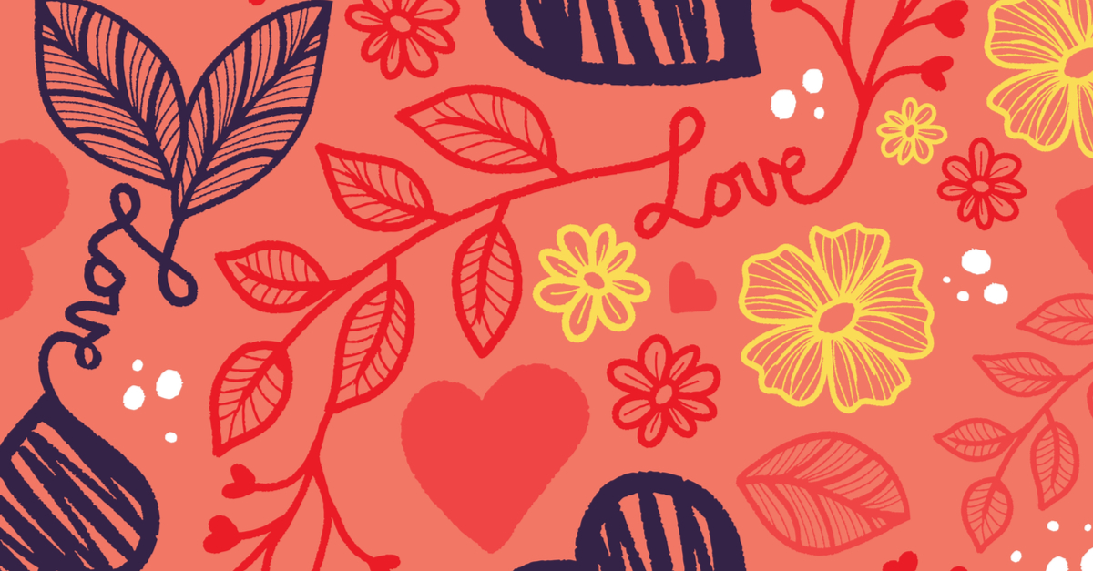 A red and orange background featuring various illustrations, including hearts, flowers, leaves, and the word "love" in cursive text, beautifully depicting love's many forms.